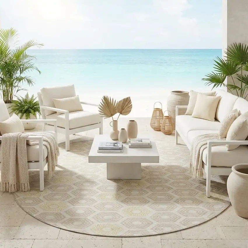 8' Ivory And Beige Round Geometric Washable Indoor Outdoor Area Rug Photo 1