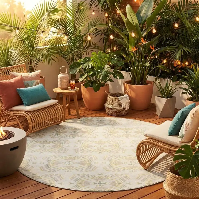 8' Ivory And Beige Round Geometric Washable Indoor Outdoor Area Rug Photo 1