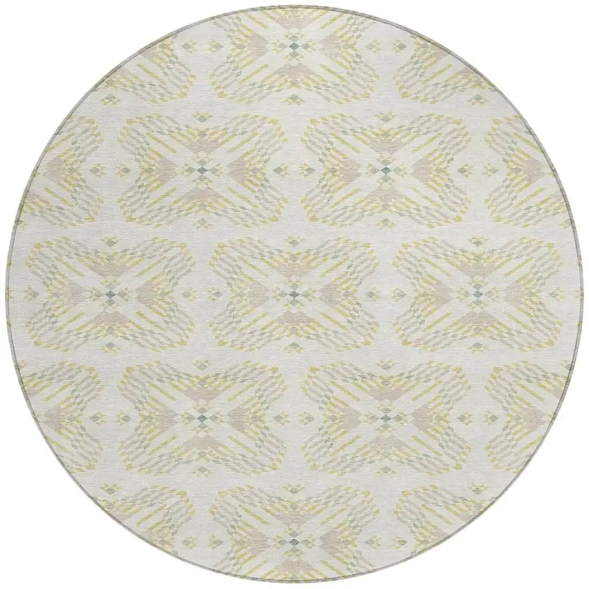 8' Ivory And Beige Round Geometric Washable Indoor Outdoor Area Rug Photo 4