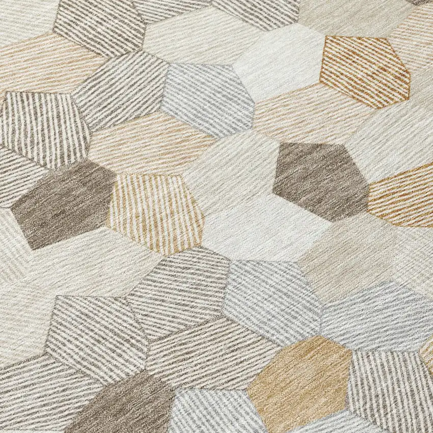8' Ivory And Beige Round Geometric Washable Indoor Outdoor Area Rug Photo 5