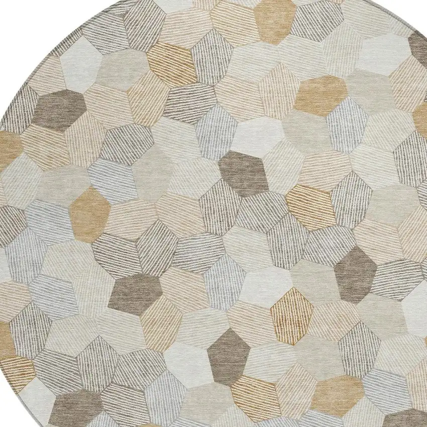 8' Ivory And Beige Round Geometric Washable Indoor Outdoor Area Rug Photo 2