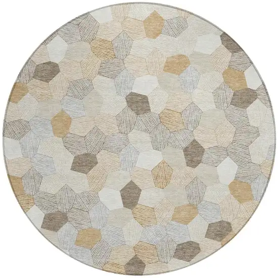 8' Ivory And Beige Round Geometric Washable Indoor Outdoor Area Rug Photo 3