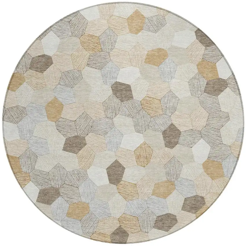 8' Ivory And Beige Round Geometric Washable Indoor Outdoor Area Rug Photo 3