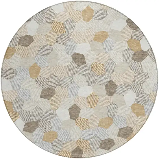 8' Ivory And Beige Round Geometric Washable Indoor Outdoor Area Rug Photo 1