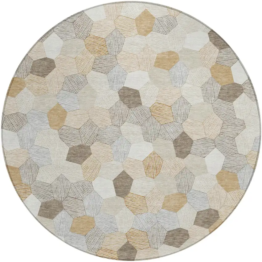 8' Ivory And Beige Round Geometric Washable Indoor Outdoor Area Rug Photo 1