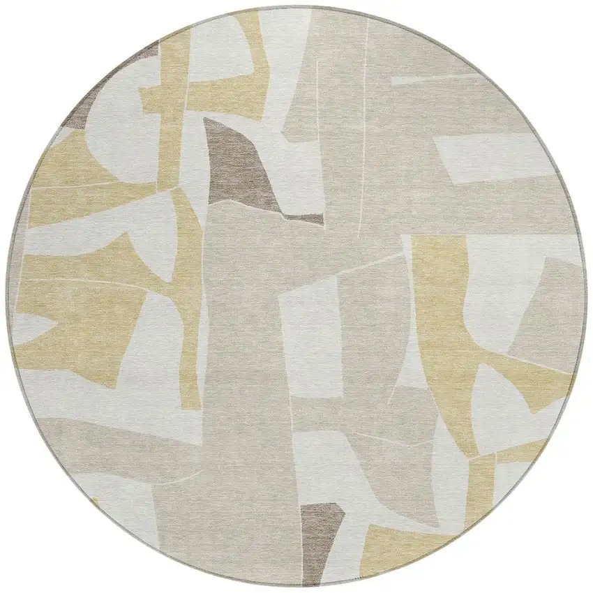8' Ivory And Beige Round Geometric Washable Indoor Outdoor Area Rug Photo 3