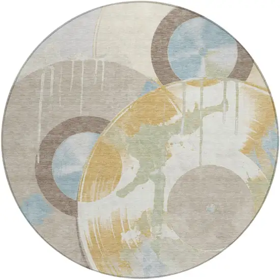 8' Ivory And Beige Round Geometric Washable Indoor Outdoor Area Rug Photo 2