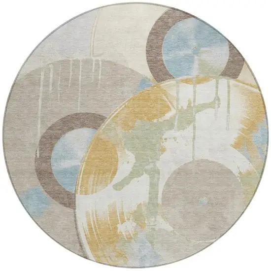 8' Ivory And Beige Round Geometric Washable Indoor Outdoor Area Rug Photo 1