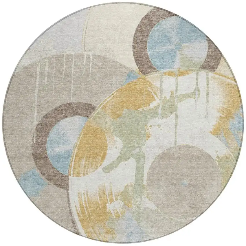8' Ivory And Beige Round Geometric Washable Indoor Outdoor Area Rug Photo 1
