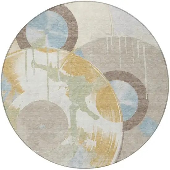 8' Ivory And Beige Round Geometric Washable Indoor Outdoor Area Rug Photo 3