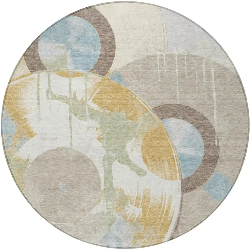 8' Ivory And Beige Round Geometric Washable Indoor Outdoor Area Rug Photo 3