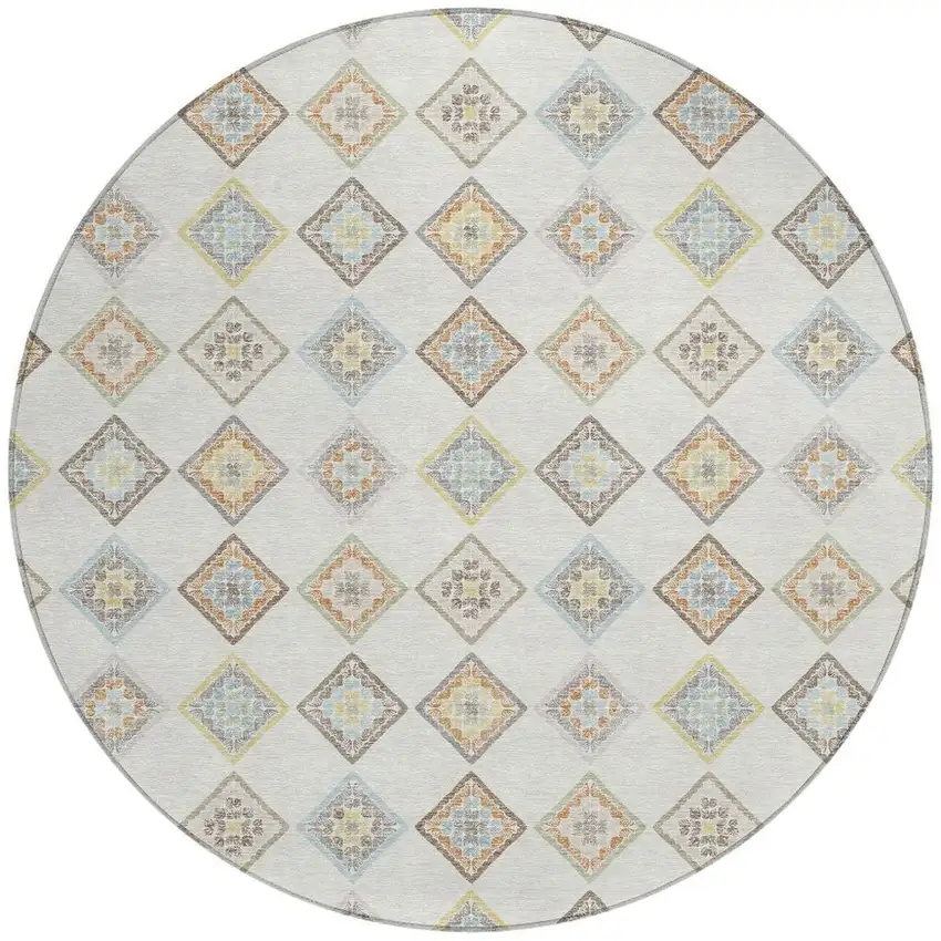 8' Ivory And Beige Round Geometric Washable Indoor Outdoor Area Rug Photo 3