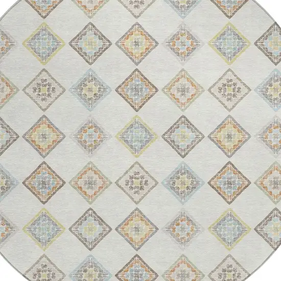 8' Ivory And Beige Round Geometric Washable Indoor Outdoor Area Rug Photo 2
