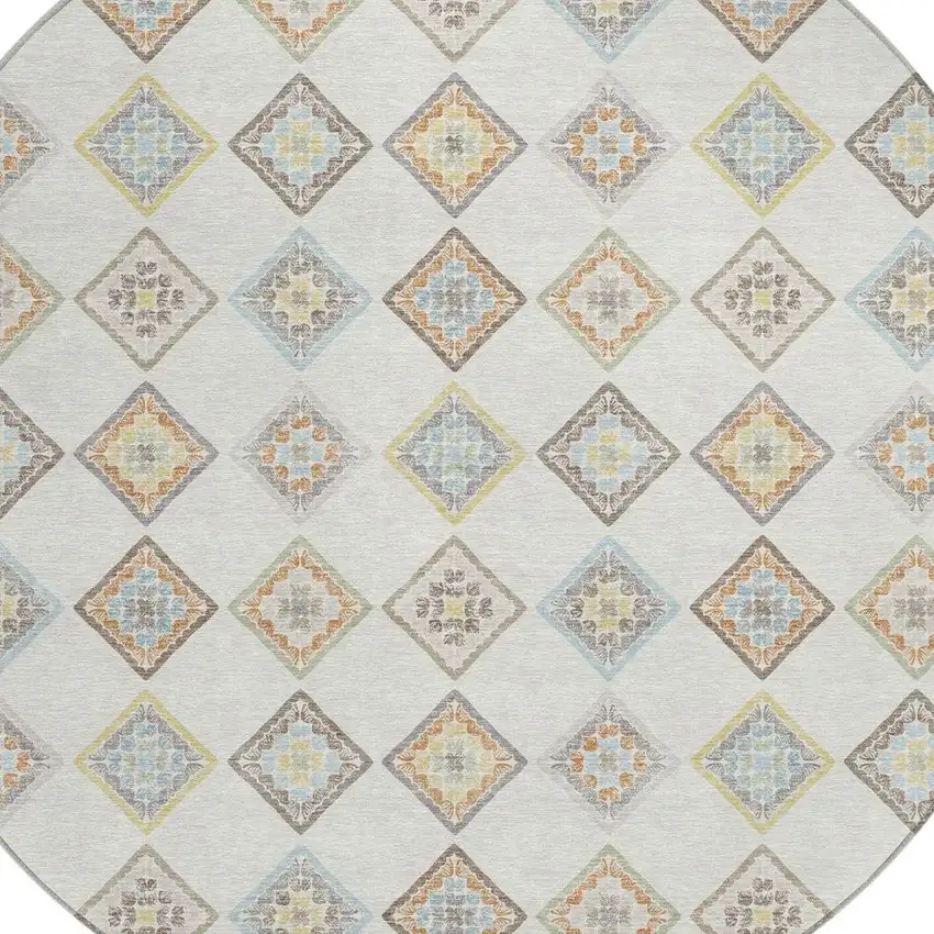 8' Ivory And Beige Round Geometric Washable Indoor Outdoor Area Rug Photo 2
