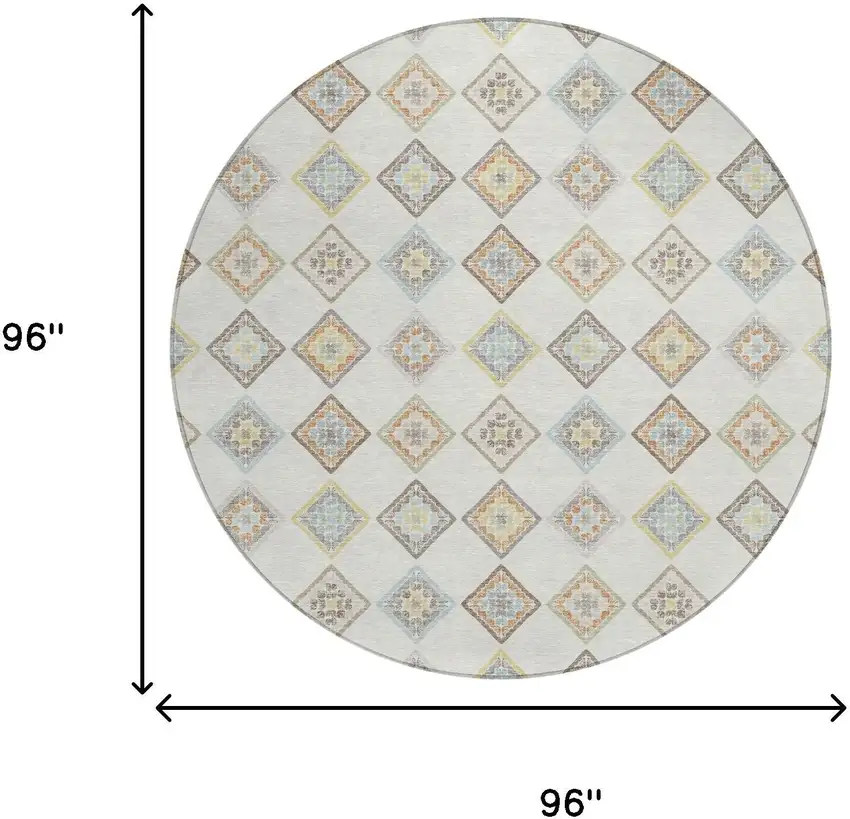 8' Ivory And Beige Round Geometric Washable Indoor Outdoor Area Rug Photo 6