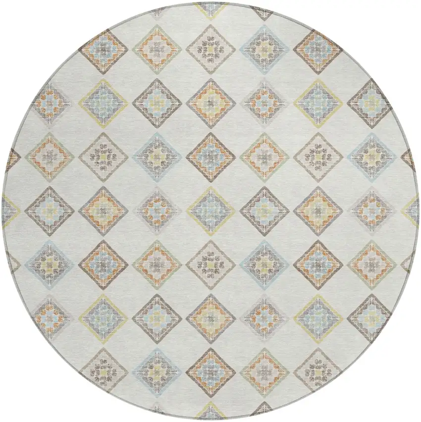 8' Ivory And Beige Round Geometric Washable Indoor Outdoor Area Rug Photo 1