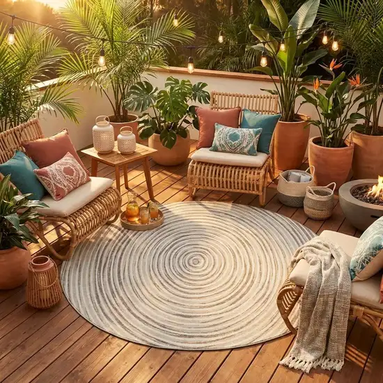 8' Ivory And Beige Round Geometric Washable Indoor Outdoor Area Rug Photo 1