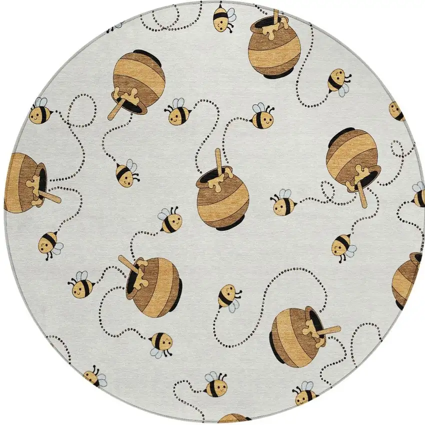 8' Ivory And Beige Round Geometric Washable Indoor Outdoor Area Rug Photo 6