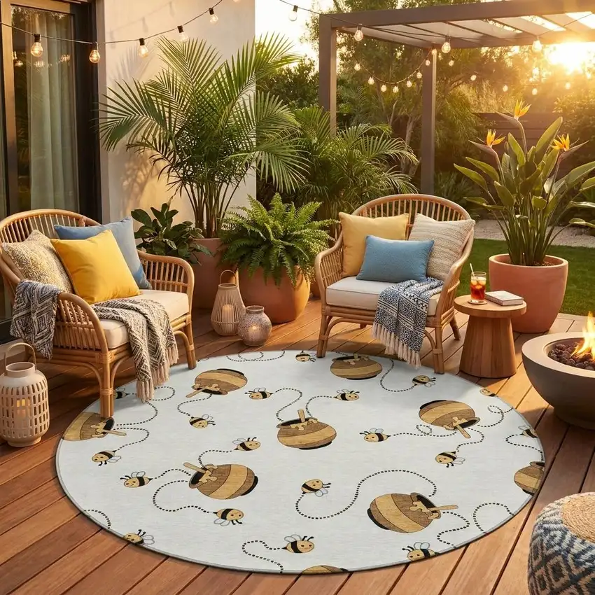 8' Ivory And Beige Round Geometric Washable Indoor Outdoor Area Rug Photo 1