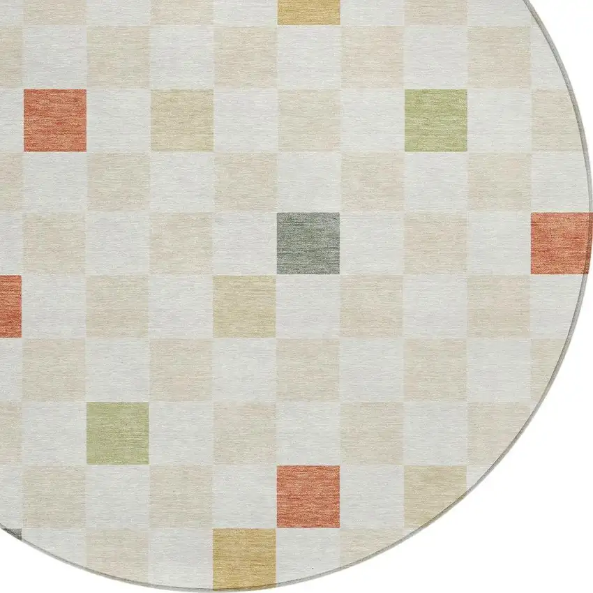 8' Ivory And Beige Round Geometric Washable Indoor Outdoor Area Rug Photo 5