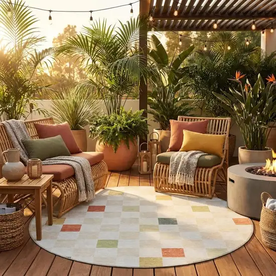 8' Ivory And Beige Round Geometric Washable Indoor Outdoor Area Rug Photo 1