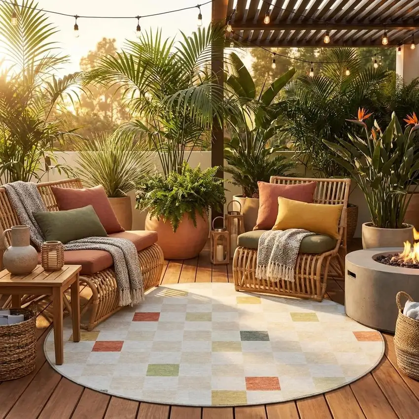 8' Ivory And Beige Round Geometric Washable Indoor Outdoor Area Rug Photo 1
