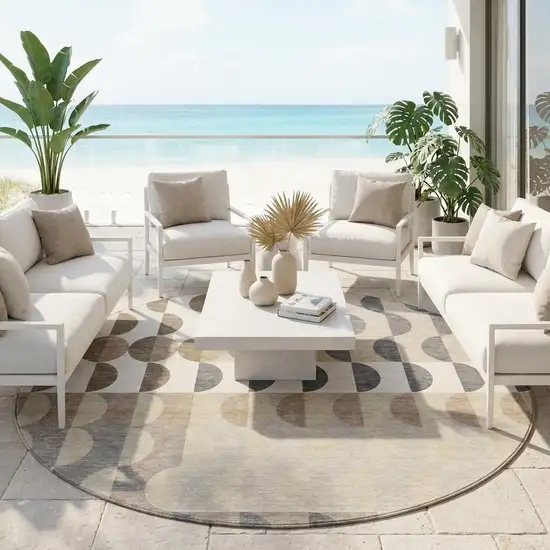 8' Ivory And Beige Round Geometric Washable Indoor Outdoor Area Rug Photo 1