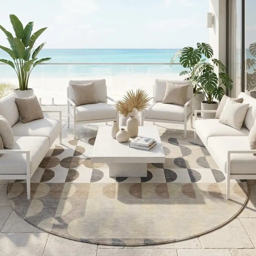 8' Ivory And Beige Round Geometric Washable Indoor Outdoor Area Rug Photo 1
