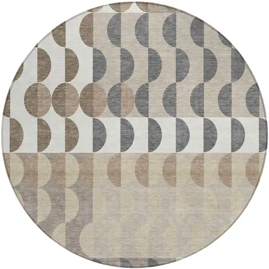 8' Ivory And Beige Round Geometric Washable Indoor Outdoor Area Rug Photo 2