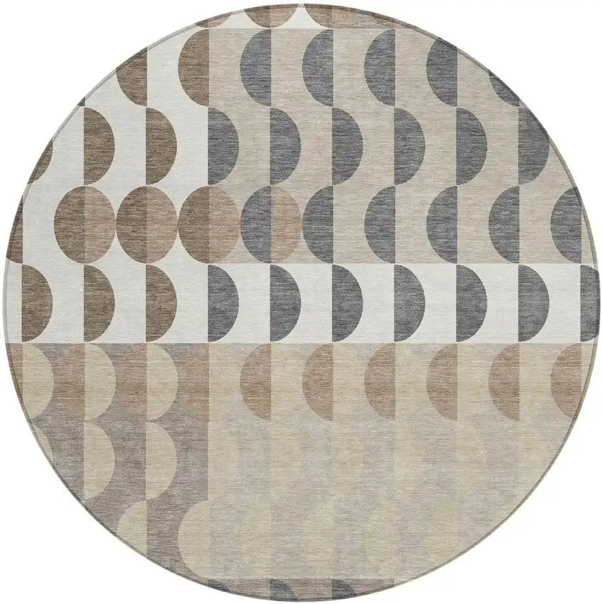 8' Ivory And Beige Round Geometric Washable Indoor Outdoor Area Rug Photo 2