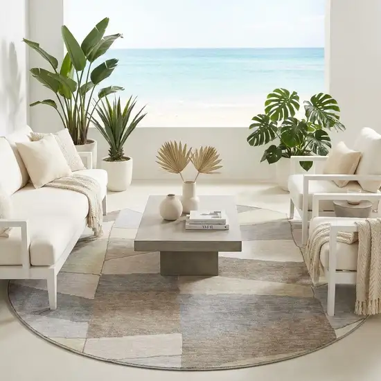 8' Ivory And Beige Round Geometric Washable Indoor Outdoor Area Rug Photo 1