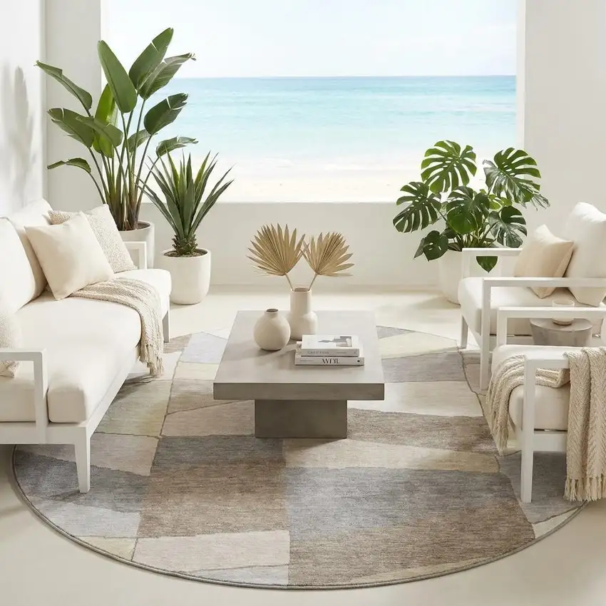 8' Ivory And Beige Round Geometric Washable Indoor Outdoor Area Rug Photo 1