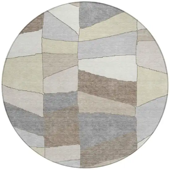 8' Ivory And Beige Round Geometric Washable Indoor Outdoor Area Rug Photo 3