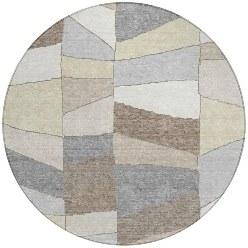 8' Ivory And Beige Round Geometric Washable Indoor Outdoor Area Rug Photo 3