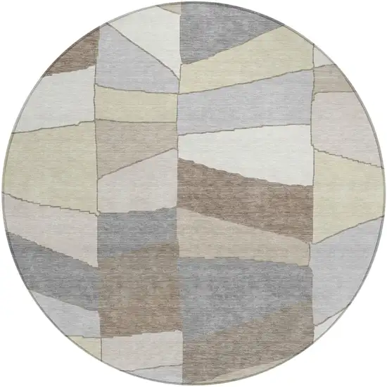 8' Ivory And Beige Round Geometric Washable Indoor Outdoor Area Rug Photo 2