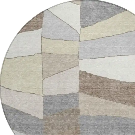 8' Ivory And Beige Round Geometric Washable Indoor Outdoor Area Rug Photo 5