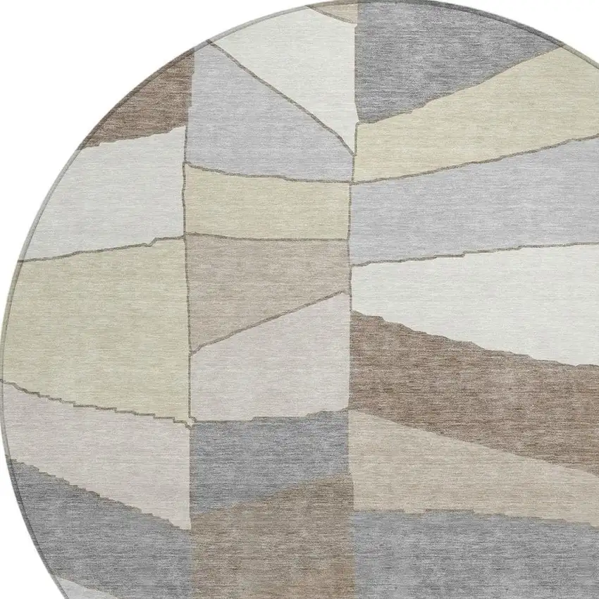 8' Ivory And Beige Round Geometric Washable Indoor Outdoor Area Rug Photo 5