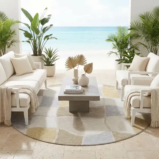 8' Ivory And Beige Round Geometric Washable Indoor Outdoor Area Rug Photo 1