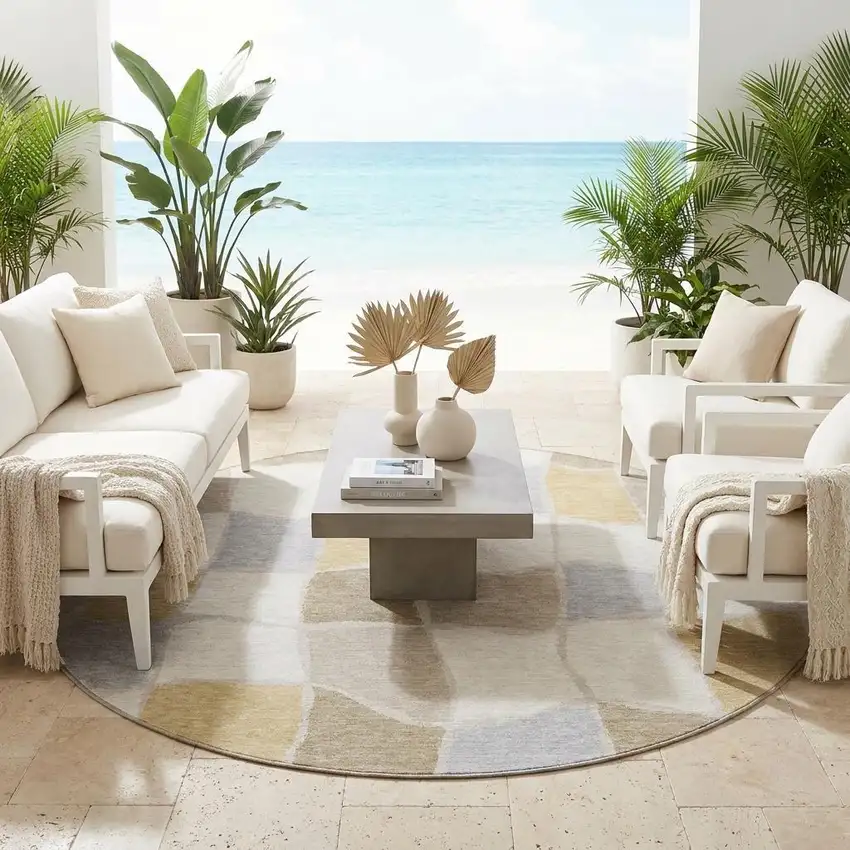 8' Ivory And Beige Round Geometric Washable Indoor Outdoor Area Rug Photo 1