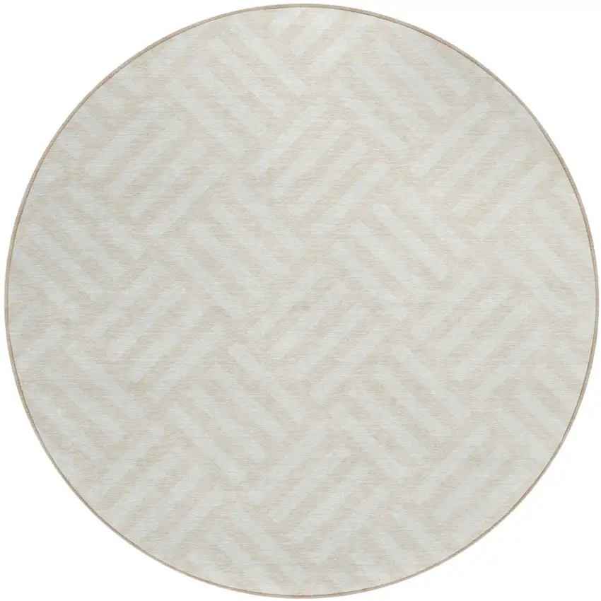 8' Ivory And Beige Round Geometric Washable Indoor Outdoor Area Rug Photo 2
