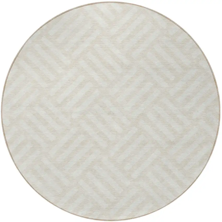 8' Ivory And Beige Round Geometric Washable Indoor Outdoor Area Rug Photo 5