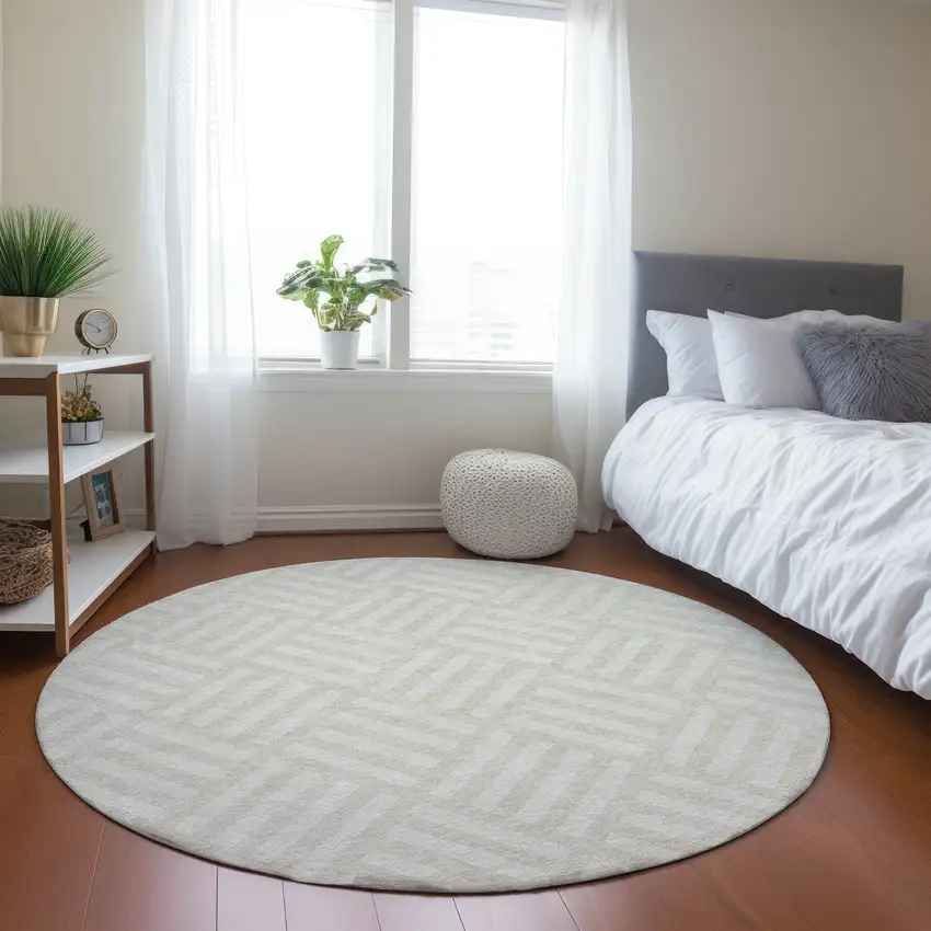 8' Ivory And Beige Round Geometric Washable Indoor Outdoor Area Rug Photo 7