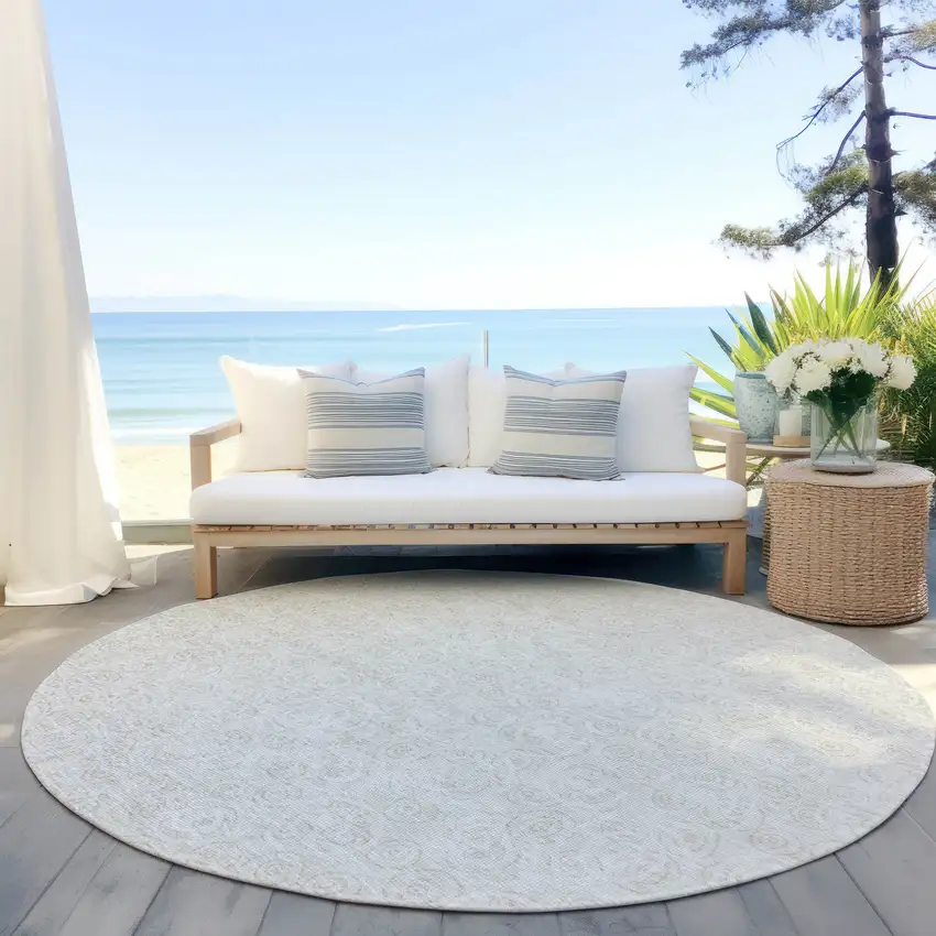 8' Ivory And Beige Round Geometric Washable Indoor Outdoor Area Rug Photo 6