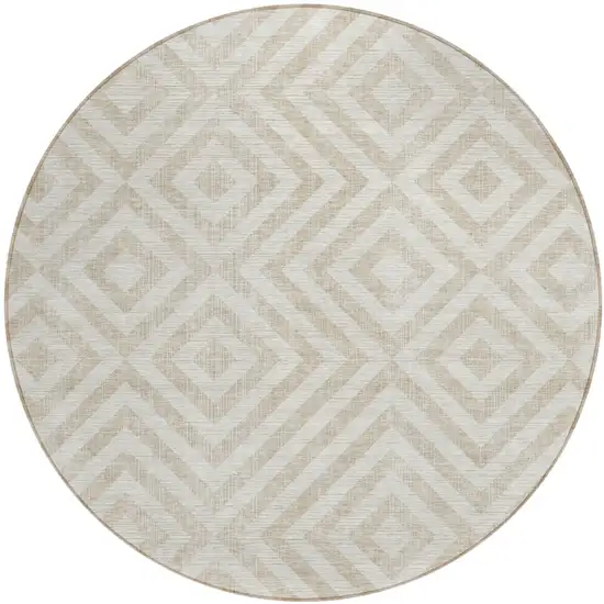 8' Ivory And Beige Round Geometric Washable Indoor Outdoor Area Rug Photo 1
