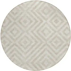 Photo of 8' Ivory And Beige Round Geometric Washable Indoor Outdoor Area Rug