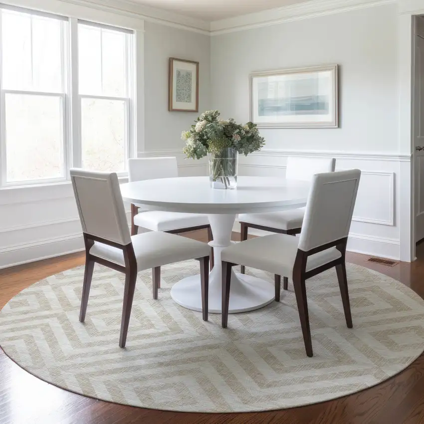 8' Ivory And Beige Round Geometric Washable Indoor Outdoor Area Rug Photo 8