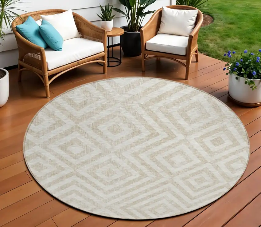 8' Ivory And Beige Round Geometric Washable Indoor Outdoor Area Rug Photo 1