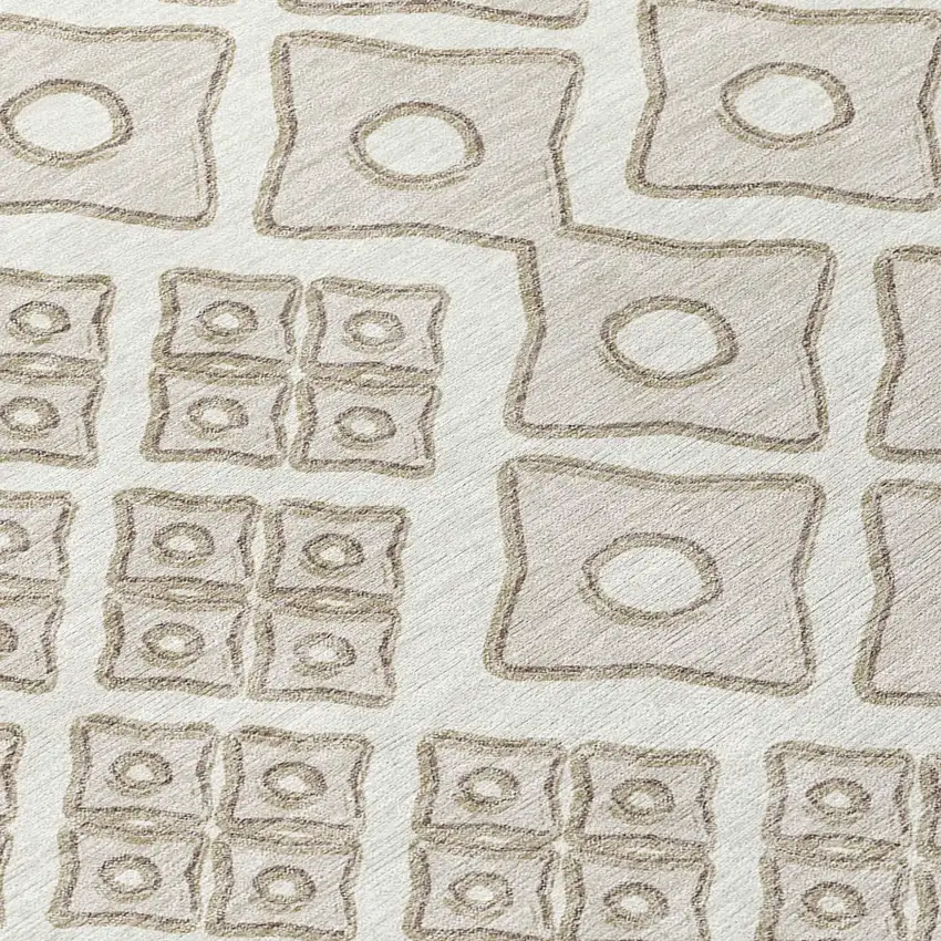 8' Ivory And Beige Round Geometric Washable Indoor Outdoor Area Rug Photo 8
