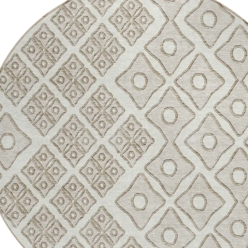 8' Ivory And Beige Round Geometric Washable Indoor Outdoor Area Rug Photo 4
