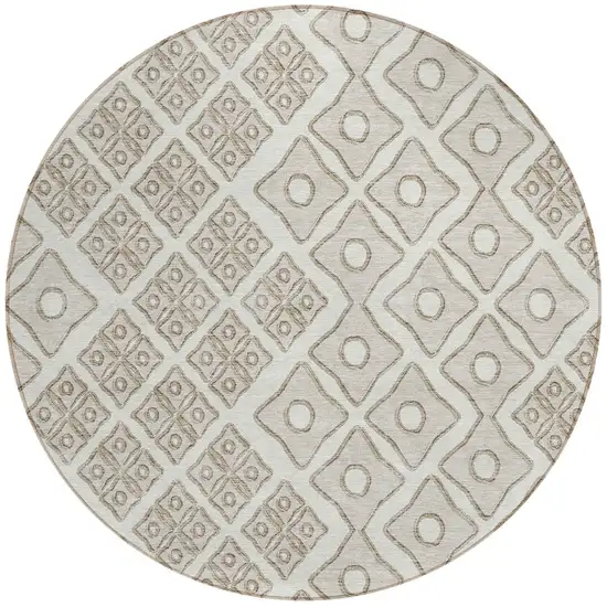 8' Ivory And Beige Round Geometric Washable Indoor Outdoor Area Rug Photo 5